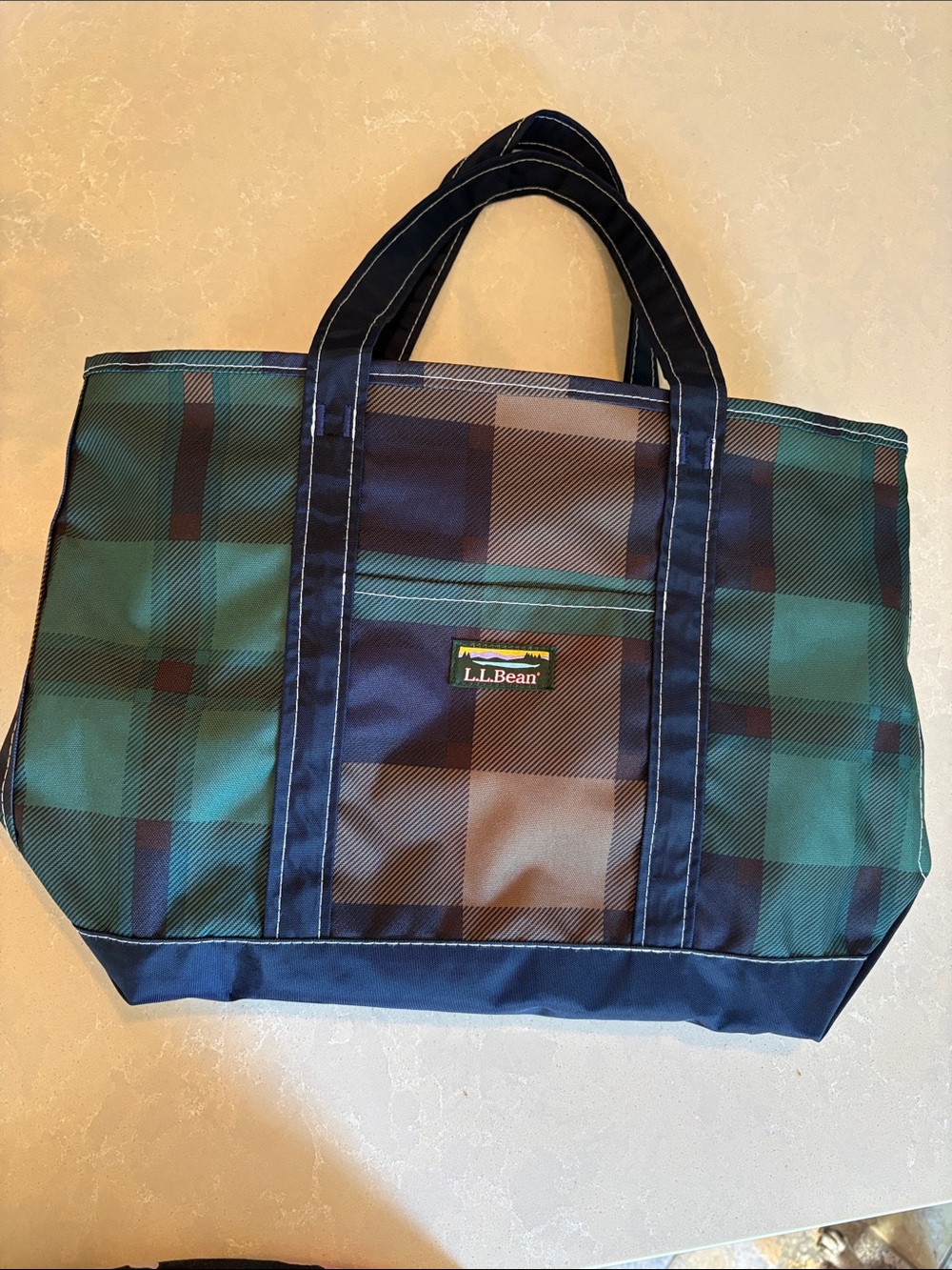 L.L. Bean Green and Navy Plaid Duffel Tote